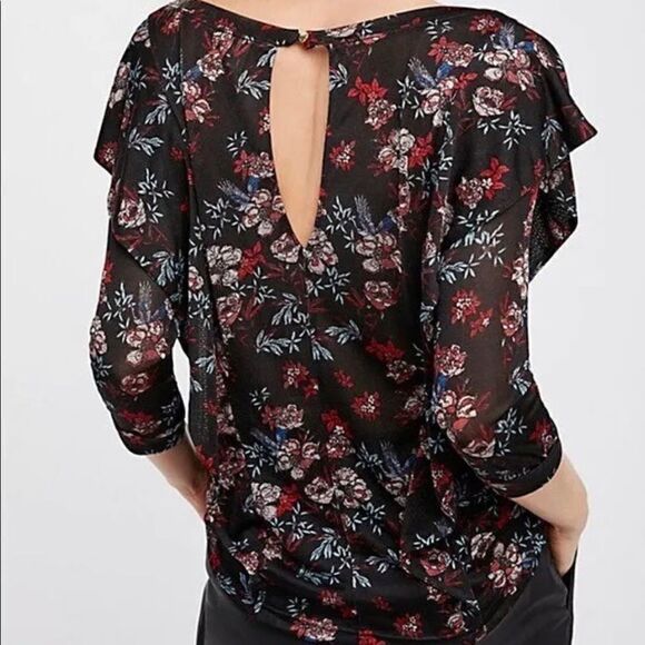 Free People | Floral Dock Top Ruffle Sleeve Keyhole Back Shimmer - Picture 3 of 10
